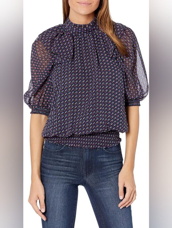 Ramy Brook Tops - Ramy Brook Avelina Silk Top Navy Geometric Print Puff Sleeve Smocked Hem Large